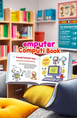 An engaging and colorful image illustrating a simple computer book designed for primary school children