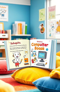 An engaging and colorful image illustrating a simple computer book designed for primary school children