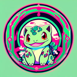 Retro anime profile of Bulbasaur glitching within a cool circle border.