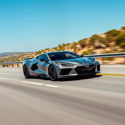 A distinctive blend of a Corvette C8 and Audi A7, reimagined as a 4-door sedan featuring a Chevrolet badge, driving smoothly along a scenic highway under a vast blue sky