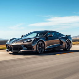 A distinctive blend of a Corvette C8 and Audi A7, reimagined as a 4-door sedan featuring a Chevrolet badge, driving smoothly along a scenic highway under a vast blue sky