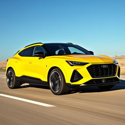 A captivating blend of a Corvette C8 and Audi RSQ8, reimagined as a 4-door CUV with a Chevrolet badge, driving dynamically under a clear blue sky