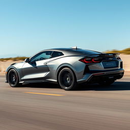 A captivating blend of a Corvette C8 and Audi RSQ8, reimagined as a 4-door CUV with a Chevrolet badge, driving dynamically under a clear blue sky