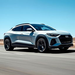 A captivating blend of a Corvette C8 and Audi RSQ8, reimagined as a 4-door CUV with a Chevrolet badge, driving dynamically under a clear blue sky