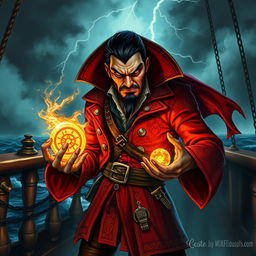 An evil male pirate with short black hair and a pointy beard, dressed in an elaborate red pirate costume, stands menacingly