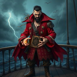 An evil male pirate with short black hair and a pointy beard, dressed in an elaborate red pirate costume, stands menacingly