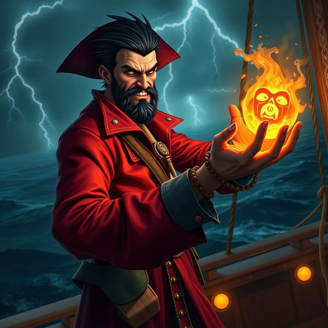 An evil male pirate with short black hair and a pointy beard, dressed in a vibrant red pirate outfit