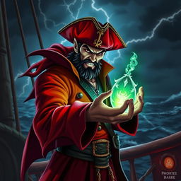 An evil male pirate with short black hair and a pointy beard, dressed in a vibrant red pirate outfit