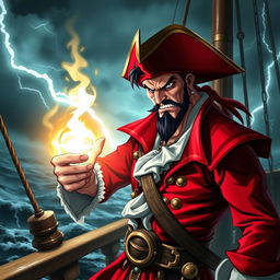 An evil male pirate with short black hair and a pointy beard, dressed in a vibrant red pirate outfit