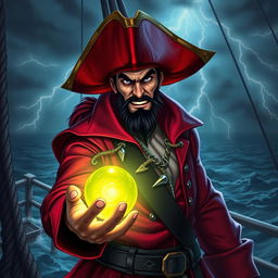 An evil male pirate with short black hair and a pointy beard, dressed in a vibrant red pirate outfit