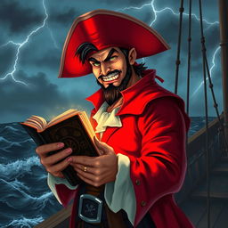 An evil male pirate with short black hair and a pointy beard, dressed in a vibrant red pirate outfit