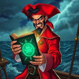 An evil male pirate with short black hair and a pointy beard, dressed in a vibrant red pirate outfit