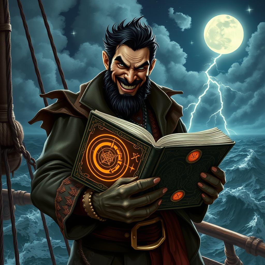 An evil male pirate with short black hair and a pointy beard, wearing a rugged pirate outfit