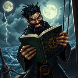 An evil male pirate with short black hair and a pointy beard, wearing a rugged pirate outfit