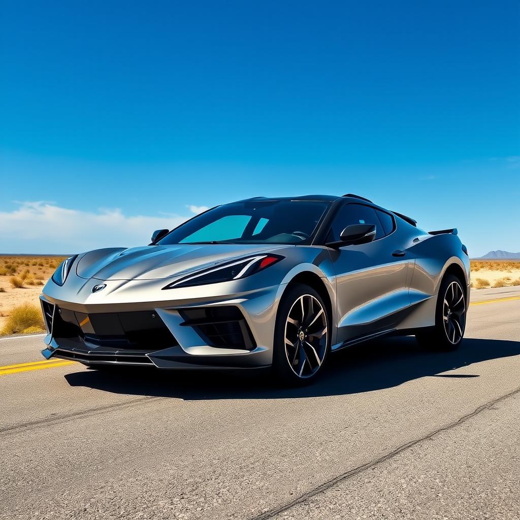 An extraordinary blend of a Corvette C8 and Ferrari Purosangue, crafted into a 4-door CUV with a Chevrolet badge, gracefully navigating an open road under a vivid blue sky