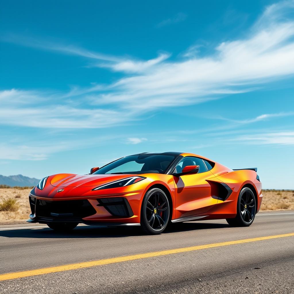 An extraordinary blend of a Corvette C8 and Ferrari Purosangue, crafted into a 4-door CUV with a Chevrolet badge, gracefully navigating an open road under a vivid blue sky