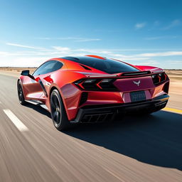 An extraordinary blend of a Corvette C8 and Ferrari Purosangue, crafted into a 4-door CUV with a Chevrolet badge, gracefully navigating an open road under a vivid blue sky