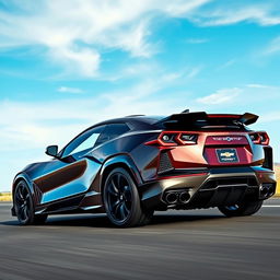 An extraordinary blend of a Corvette C8 and Ferrari Purosangue, crafted into a 4-door CUV with a Chevrolet badge, gracefully navigating an open road under a vivid blue sky