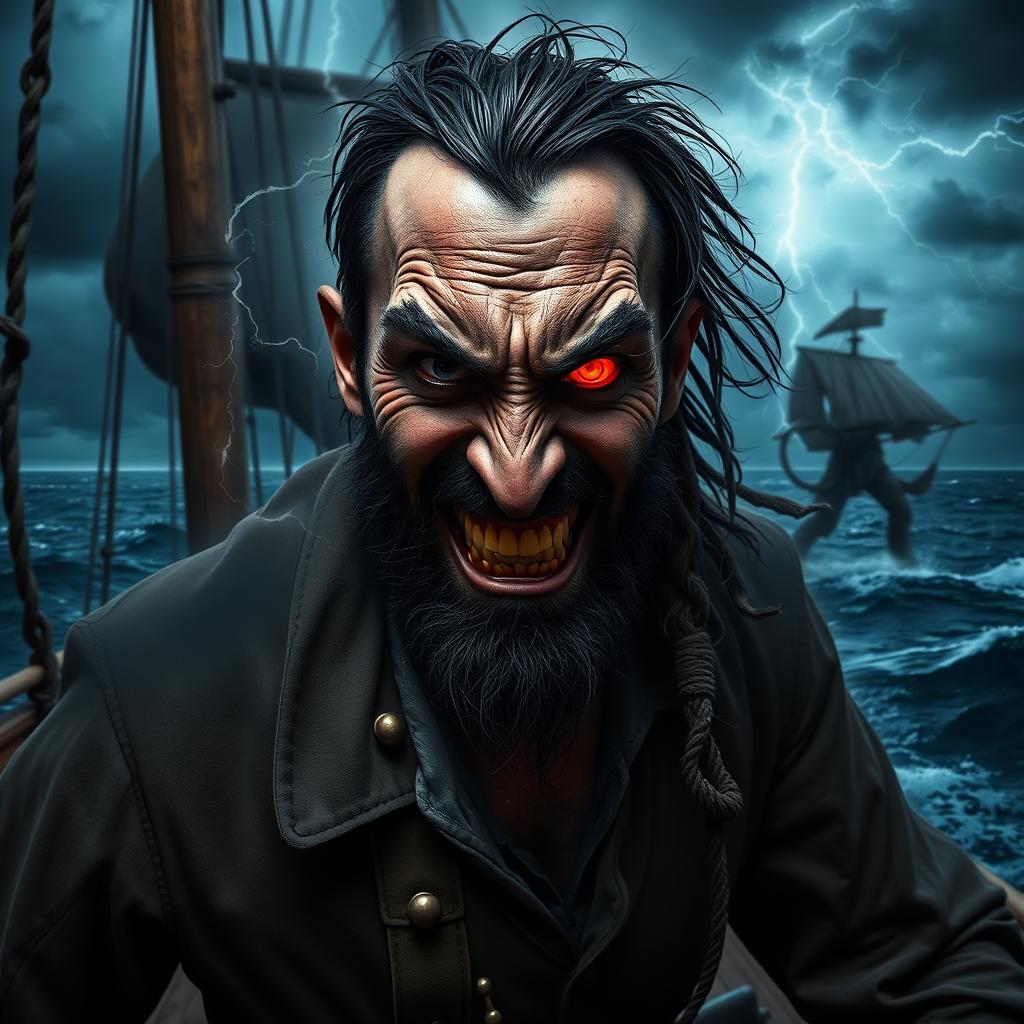 An evil male pirate with short black hair and a pointy beard, wearing a rugged pirate ensemble, is shown in the midst of a dramatic transformation as he becomes corrupted