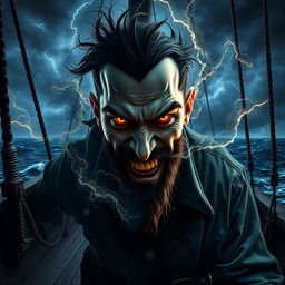 An evil male pirate with short black hair and a pointy beard, wearing a rugged pirate ensemble, is shown in the midst of a dramatic transformation as he becomes corrupted