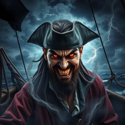 An evil male pirate with short black hair and a pointy beard, wearing a rugged pirate ensemble, is shown in the midst of a dramatic transformation as he becomes corrupted