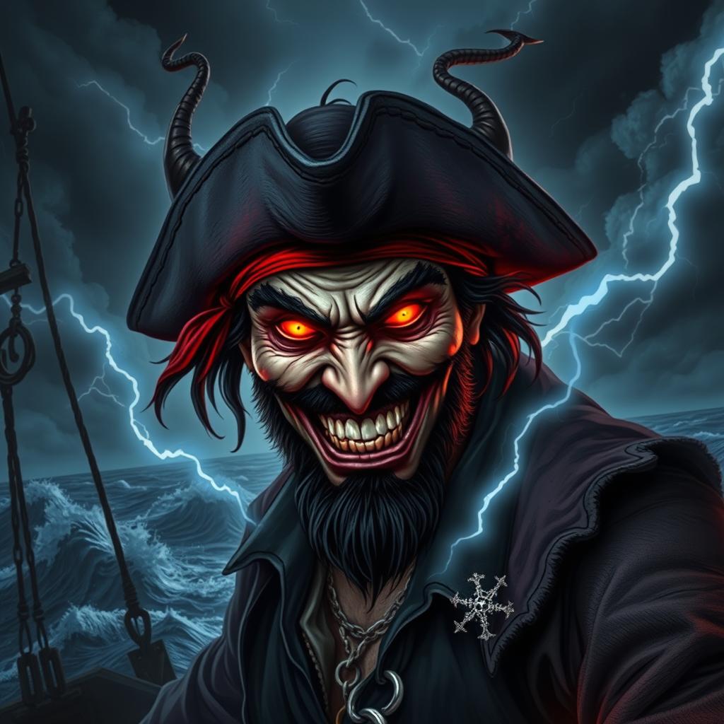 An evil male pirate with short black hair and a pointy beard, wearing a ragged pirate ensemble, is undergoing a dramatic transformation as he becomes corrupted