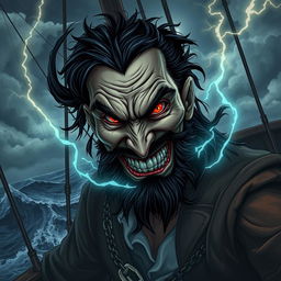 An evil male pirate with short black hair and a pointy beard, wearing a ragged pirate ensemble, is undergoing a dramatic transformation as he becomes corrupted