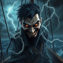 An evil male pirate with short black hair and a pointy beard, wearing a ragged pirate ensemble, is undergoing a dramatic transformation as he becomes corrupted