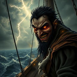 An evil male pirate with short black hair and a pointy beard, wearing a ragged pirate ensemble, is undergoing a dramatic transformation as he becomes corrupted