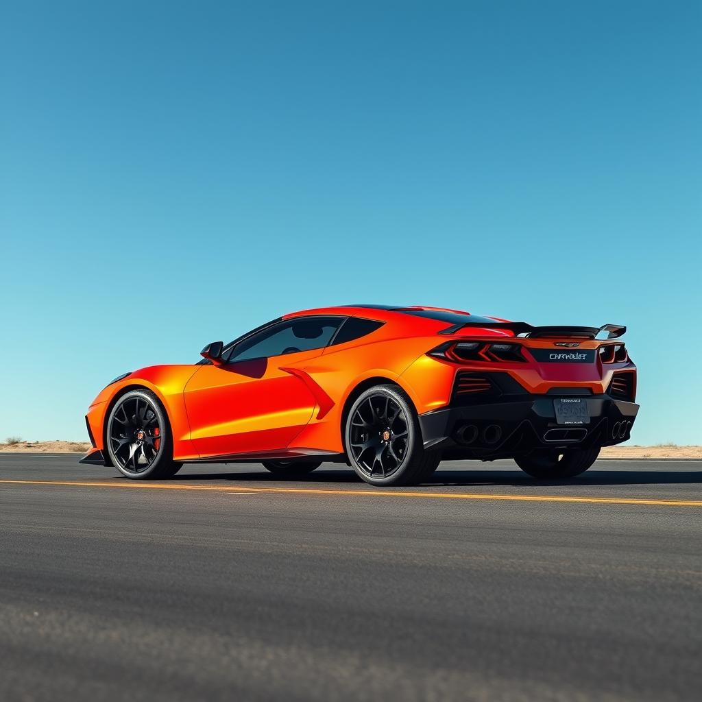 An imaginative fusion of a Corvette C8 and Lamborghini Lanzador, transformed into a 4-door CUV adorned with a Chevrolet badge, cruising down an open road beneath a brilliant blue sky