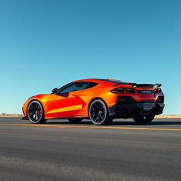 An imaginative fusion of a Corvette C8 and Lamborghini Lanzador, transformed into a 4-door CUV adorned with a Chevrolet badge, cruising down an open road beneath a brilliant blue sky