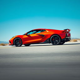 An imaginative fusion of a Corvette C8 and Lamborghini Lanzador, transformed into a 4-door CUV adorned with a Chevrolet badge, cruising down an open road beneath a brilliant blue sky