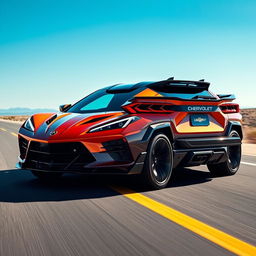 An imaginative fusion of a Corvette C8 and Lamborghini Lanzador, transformed into a 4-door CUV adorned with a Chevrolet badge, cruising down an open road beneath a brilliant blue sky