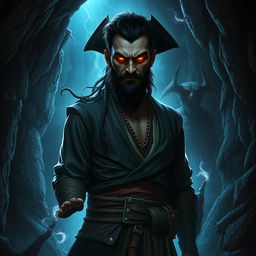 An evil male pirate with short black hair and a pointy beard, wearing a rugged pirate outfit, stands sternly without a smile, undergoing a sinister transformation as he becomes corrupted