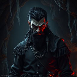 An evil male pirate with short black hair and a pointy beard, wearing a rugged pirate outfit, stands sternly without a smile, undergoing a sinister transformation as he becomes corrupted