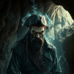 An evil male pirate with short black hair and a pointy beard, wearing a rugged pirate outfit, stands sternly without a smile, undergoing a sinister transformation as he becomes corrupted