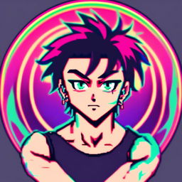 Retro anime profile of Zyzz glitching within a cool circle border.