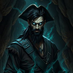 An evil male pirate with short black hair and a pointy beard, wearing a rugged pirate outfit, stands sternly without a smile, undergoing a sinister transformation as he becomes corrupted