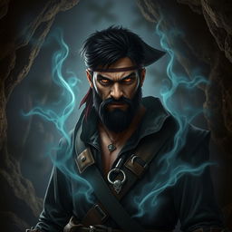 An evil male pirate with short black hair and a pointy beard, wearing a rugged pirate outfit, stands sternly without a smile, undergoing a sinister transformation as he becomes corrupted