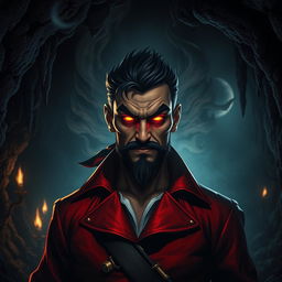 An evil male pirate with short black hair and a pointy beard, wearing a distinctive red jacket, stands sternly without a smile, immersed in a transformation as he becomes corrupted