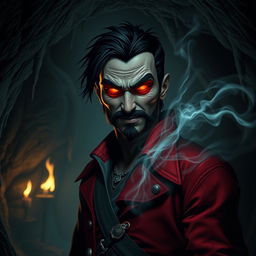 An evil male pirate with short black hair and a pointy beard, wearing a distinctive red jacket, stands sternly without a smile, immersed in a transformation as he becomes corrupted