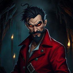 An evil male pirate with short black hair and a pointy beard, wearing a distinctive red jacket, stands sternly without a smile, immersed in a transformation as he becomes corrupted