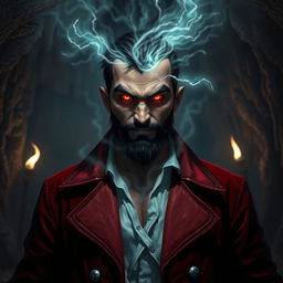 An evil male pirate with short black hair and a pointy beard, wearing a distinctive red jacket, stands sternly without a smile, immersed in a transformation as he becomes corrupted