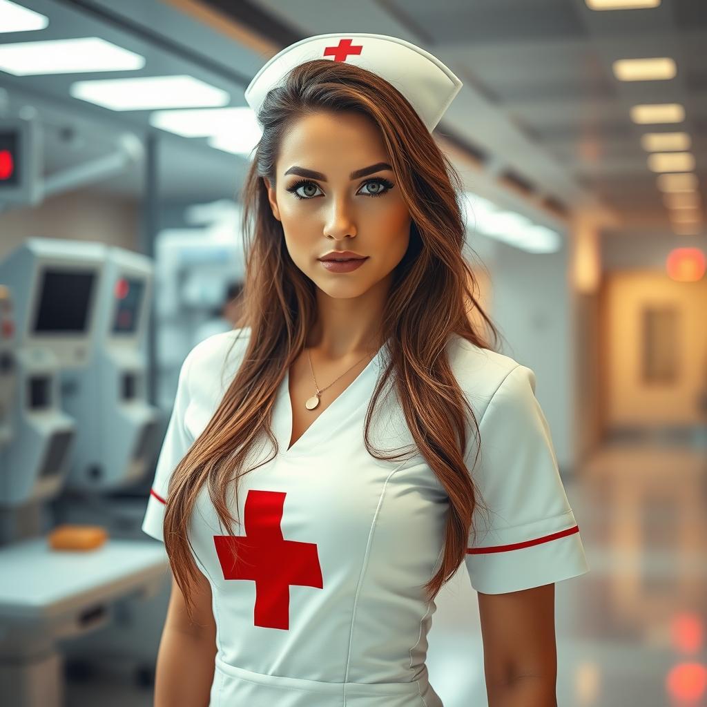 a sexy nurse with striking features, wearing a fitted white nurse uniform with a red cross emblem, standing confidently in a modern hospital setting