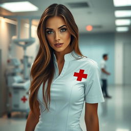 a sexy nurse with striking features, wearing a fitted white nurse uniform with a red cross emblem, standing confidently in a modern hospital setting