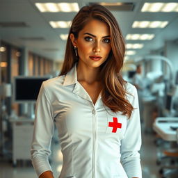 a sexy nurse with striking features, wearing a fitted white nurse uniform with a red cross emblem, standing confidently in a modern hospital setting