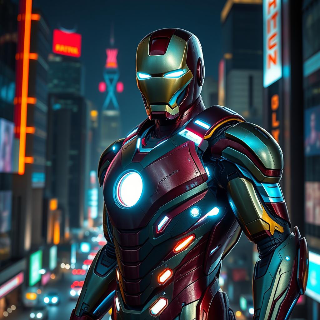 Iron Man wearing an advanced cyberpunk suit, featuring sleek neon lights and futuristic armor plating