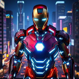 Iron Man wearing an advanced cyberpunk suit, featuring sleek neon lights and futuristic armor plating