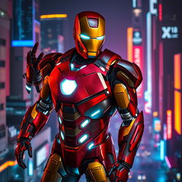 Iron Man wearing an advanced cyberpunk suit, featuring sleek neon lights and futuristic armor plating