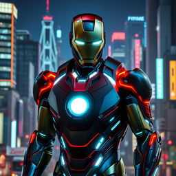 Iron Man wearing an advanced cyberpunk suit, featuring sleek neon lights and futuristic armor plating